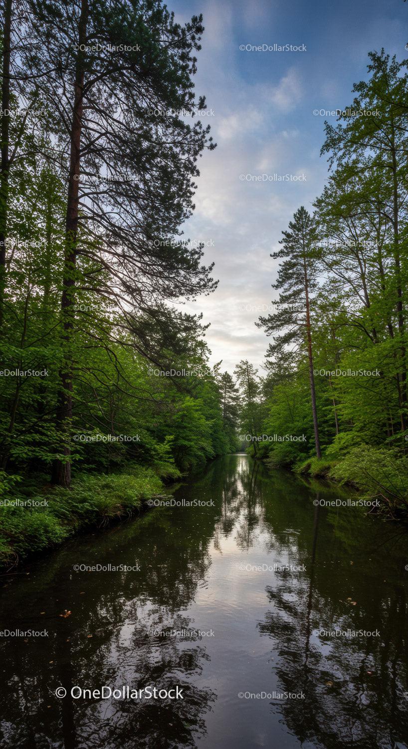 Serene Forest Stream Reflecting Trees at Dusk