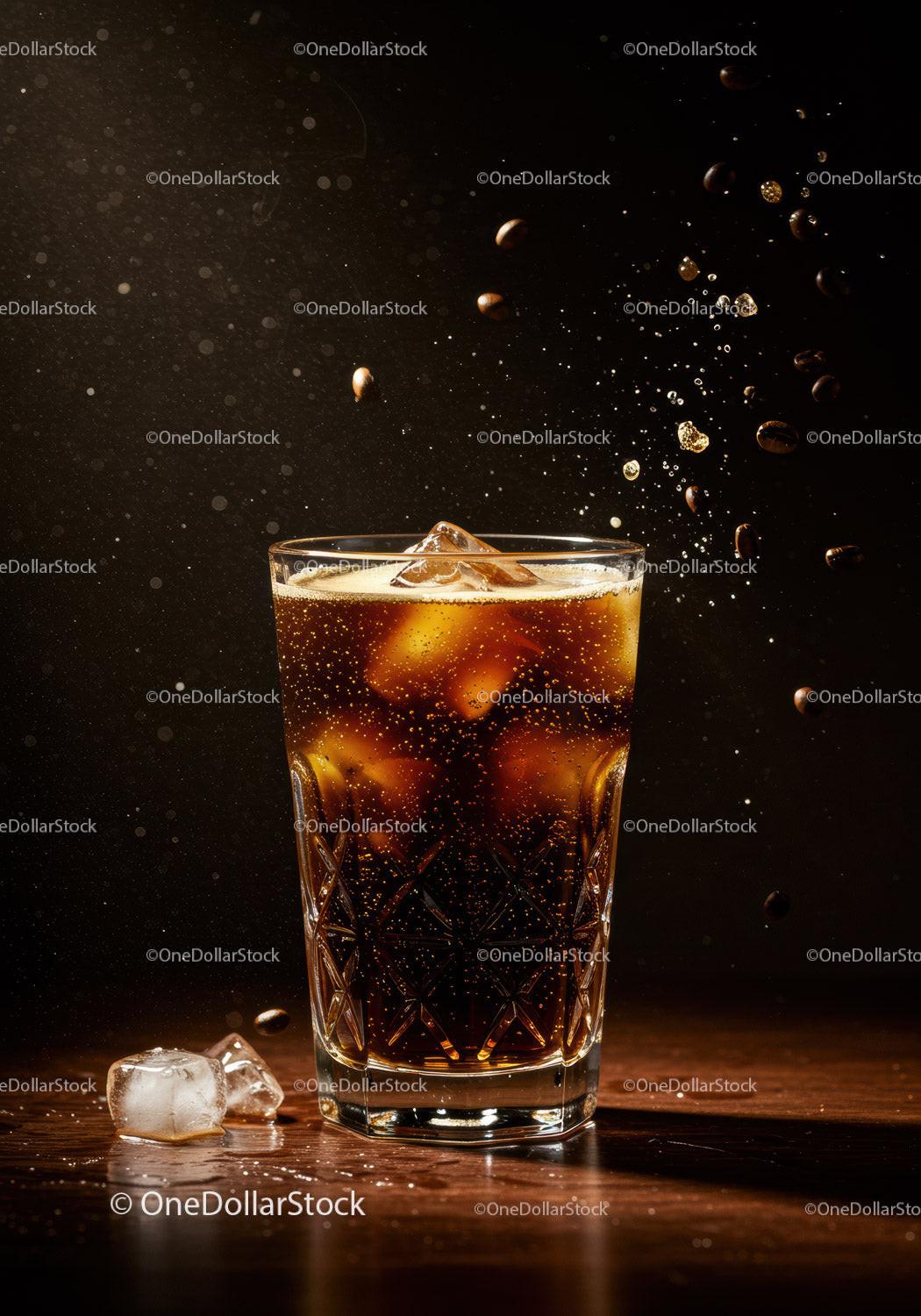 Refreshing iced coffee with coffee beans in motion