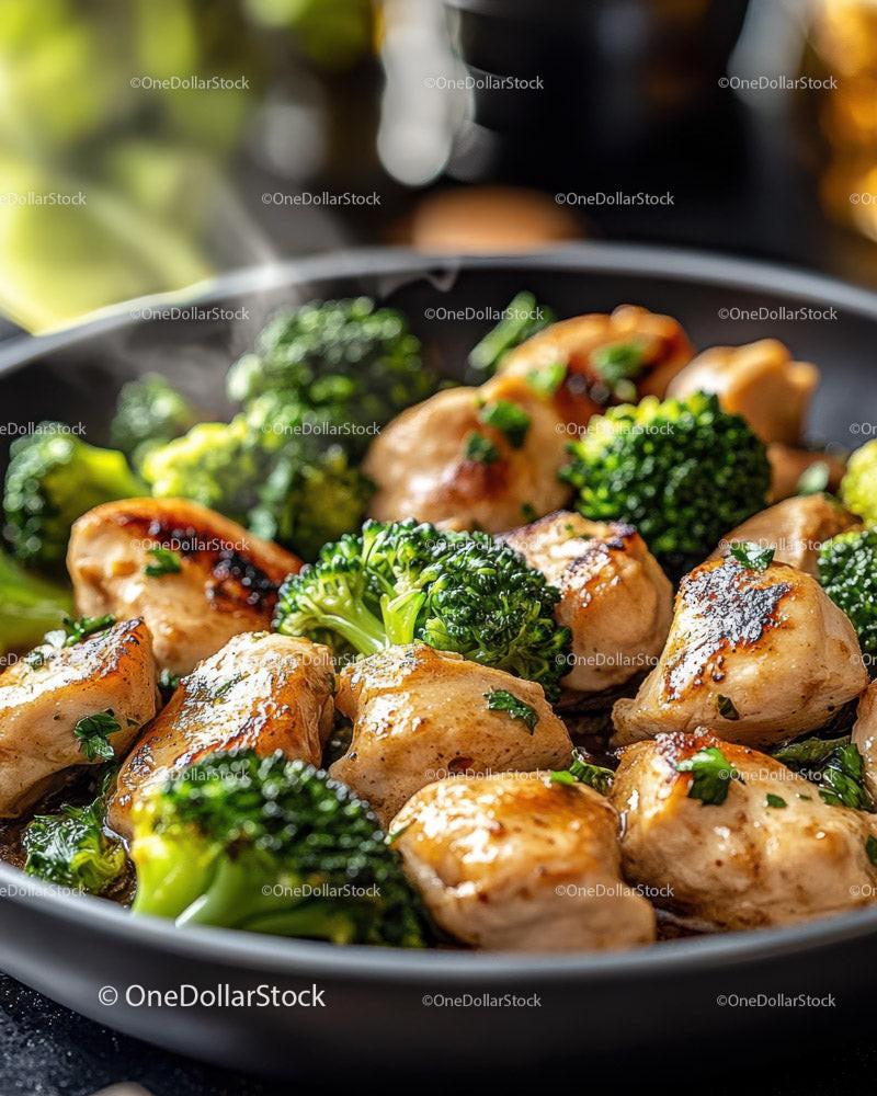 Grilled Chicken Breast with Fresh Broccoli Florets in a Black Dish 12 JPG Files digital asset preview