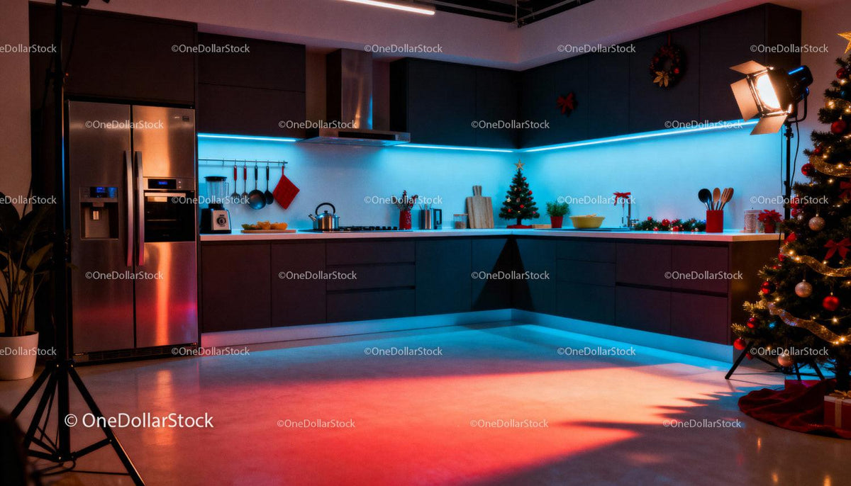 Modern Kitchen with Festive Christmas Decorations and Lighting