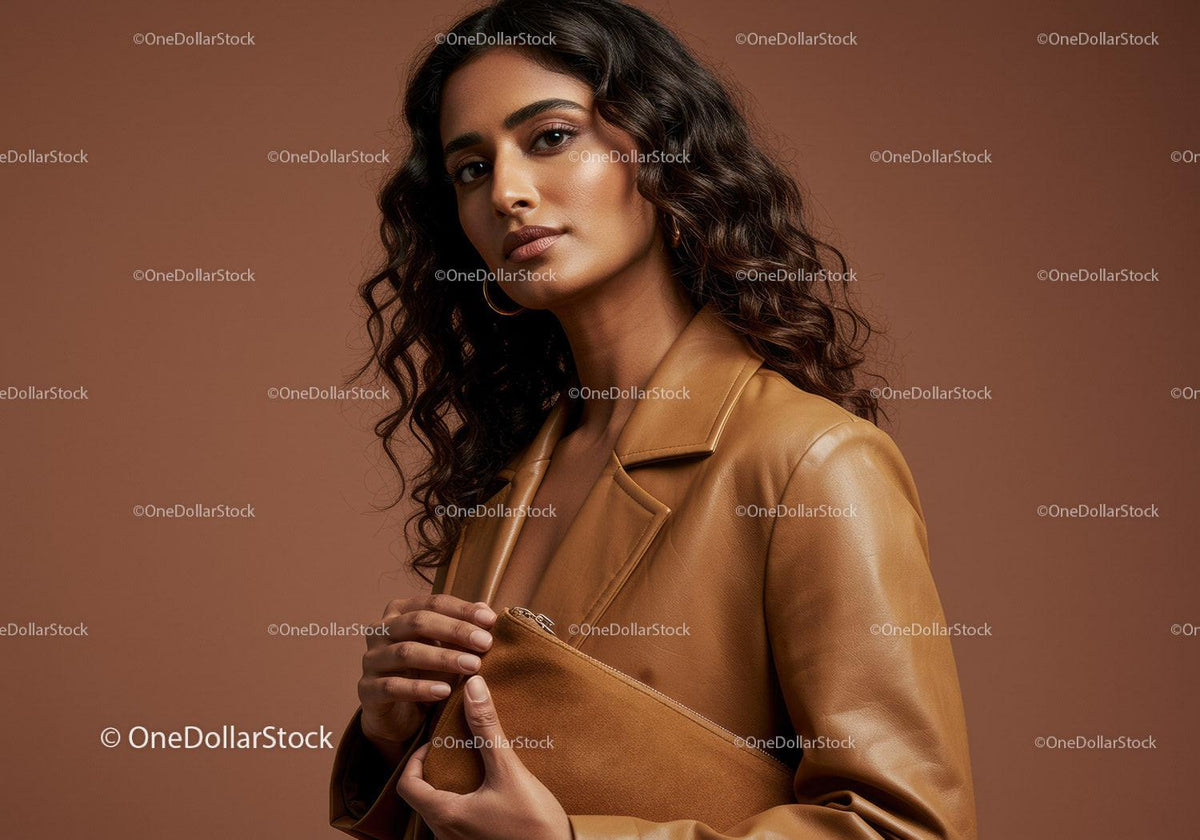 Elegant Woman in Brown Leather Jacket Holding Clutch Pose
