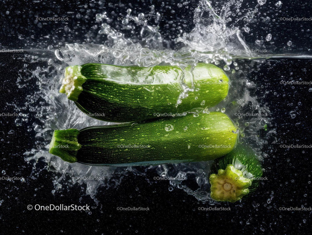 Fresh Green Zucchini Vegetables Floating in Water with Splash Effect