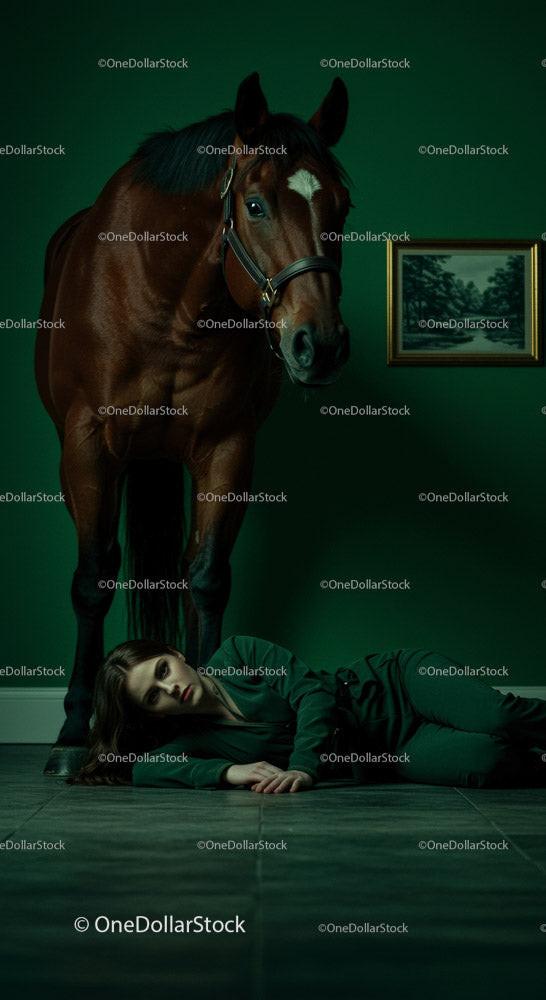 Woman Lying on Floor Beside a Horse in Dramatic Green Room Stock Photo Bundle preview 12