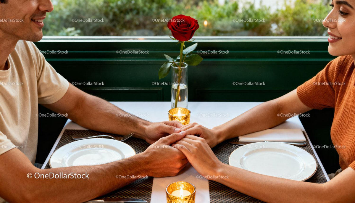 Couple holding hands over candlelit dinner table with rose