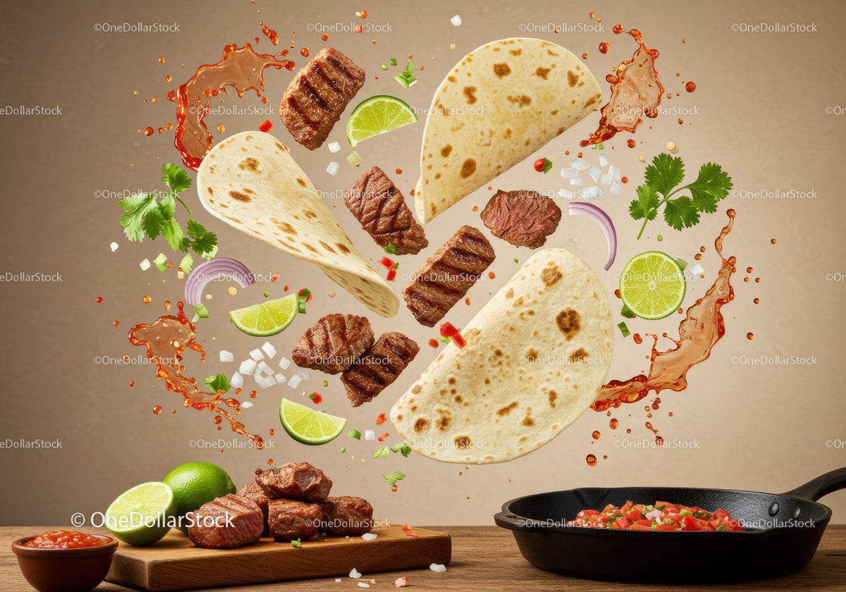 Floating grilled steak tacos with fresh ingredients