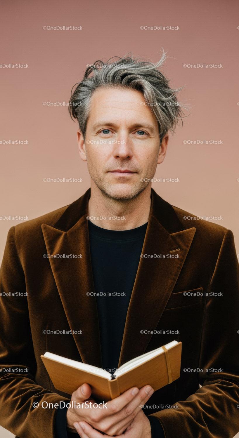 Elegant Mature Man in Brown Velvet Blazer Reading Book in Indoor Portrait