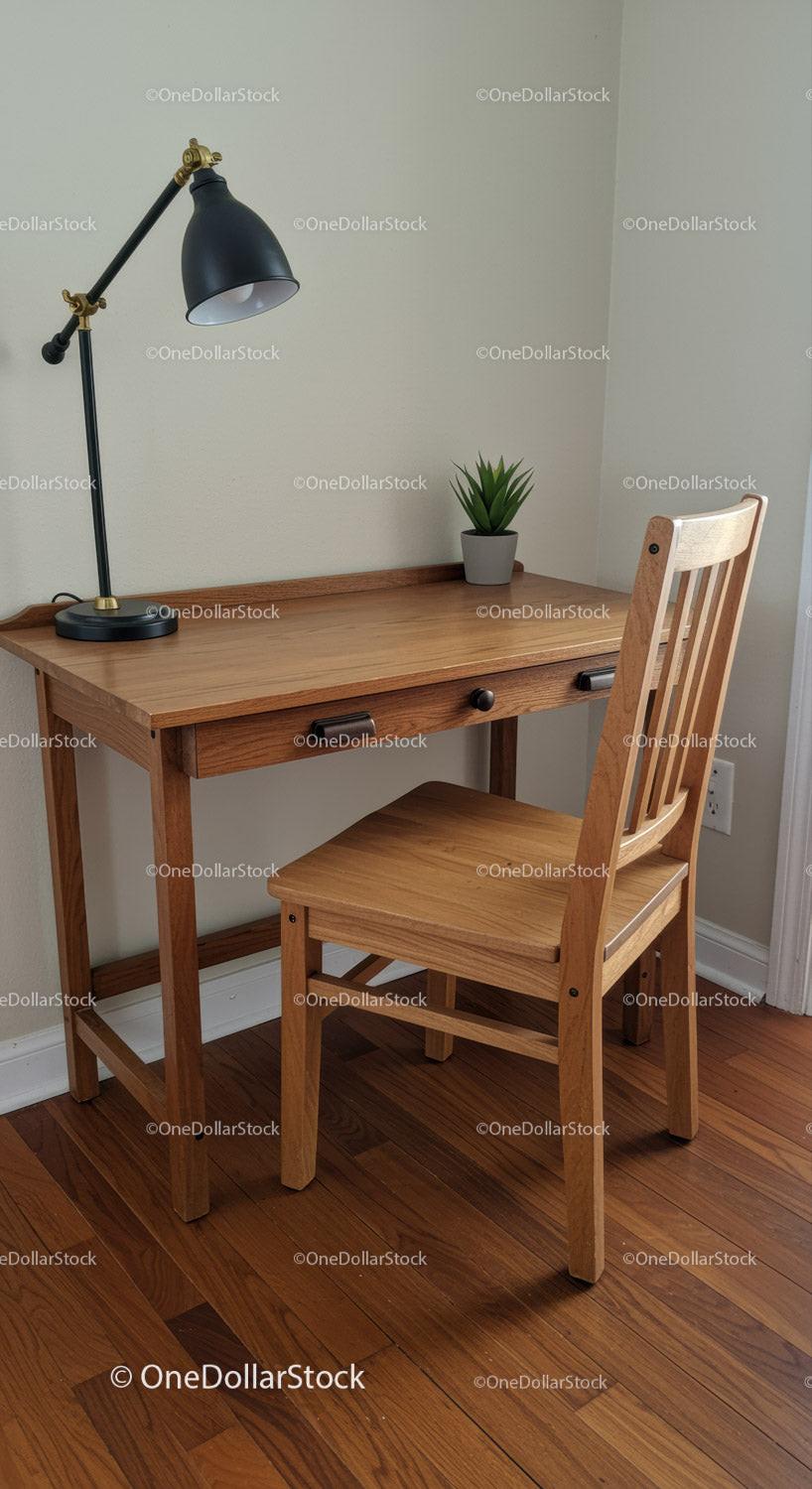 Cozy Wooden Desk and Chair with Potted Plant and Desk Lamp