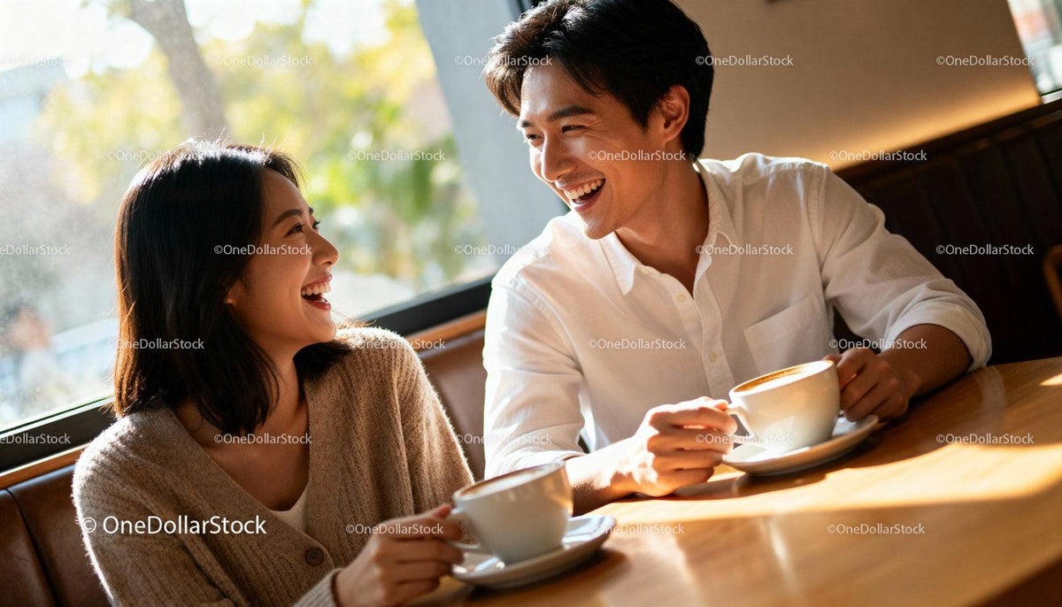 Couple sharing joyful moment over coffee in cozy cafe