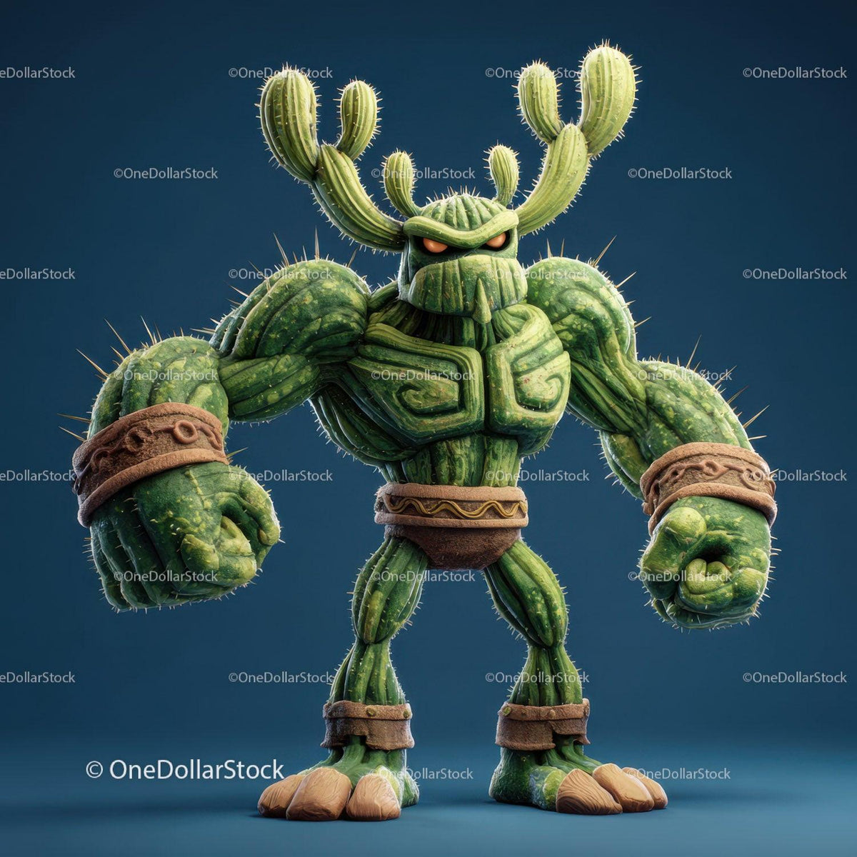 Green muscular anthropomorphic cactus figure with brown bands on wrists and ankles