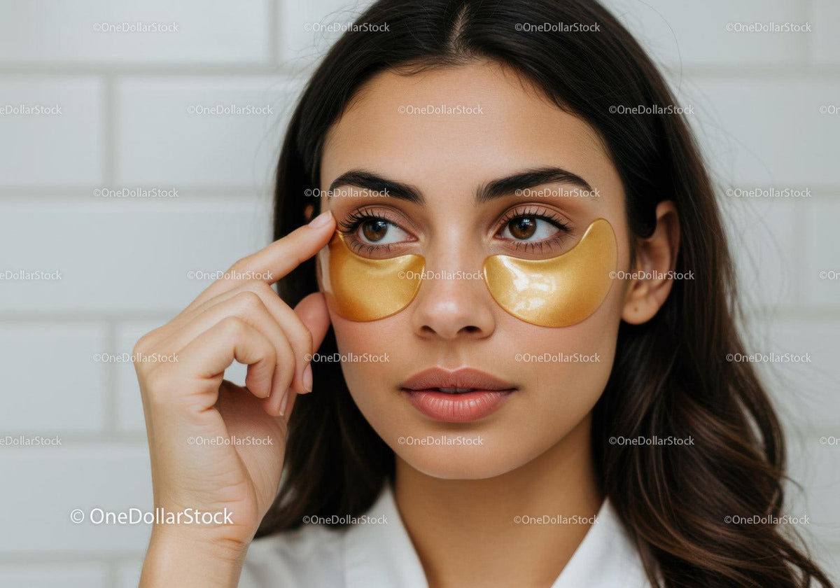 Young Woman Applying Gold Eye Masks for Skincare and Beauty