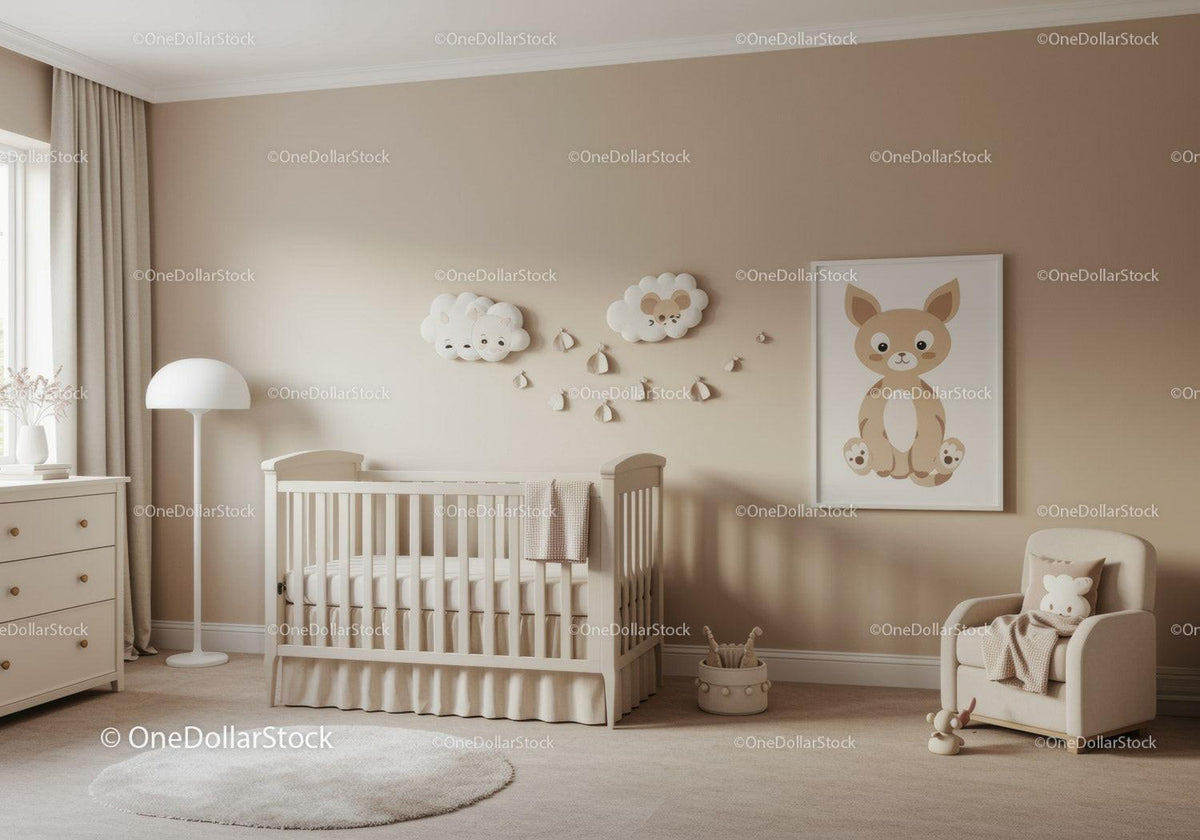 Cute Nursery Room with Cloud and Teddy Bear Wall Decor and Child Furniture