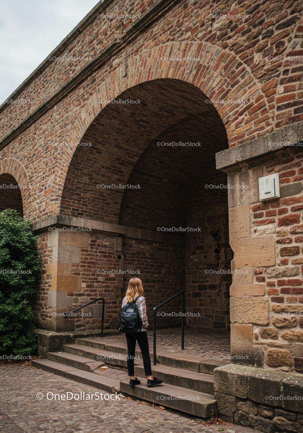 Historic Brick Archway with Cobblestone Path and Tourist Girl