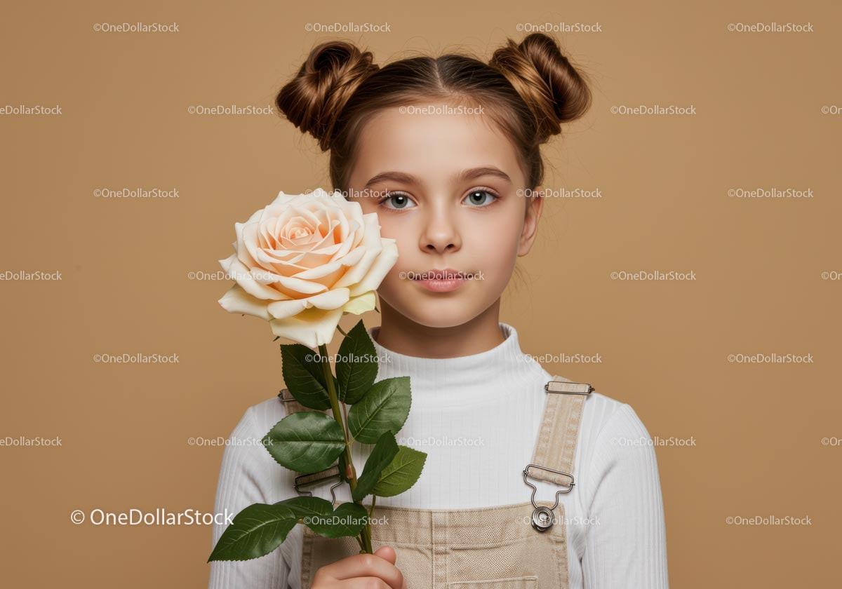 Young Girl Holding a Large Peach-Color Rose on Beige Background