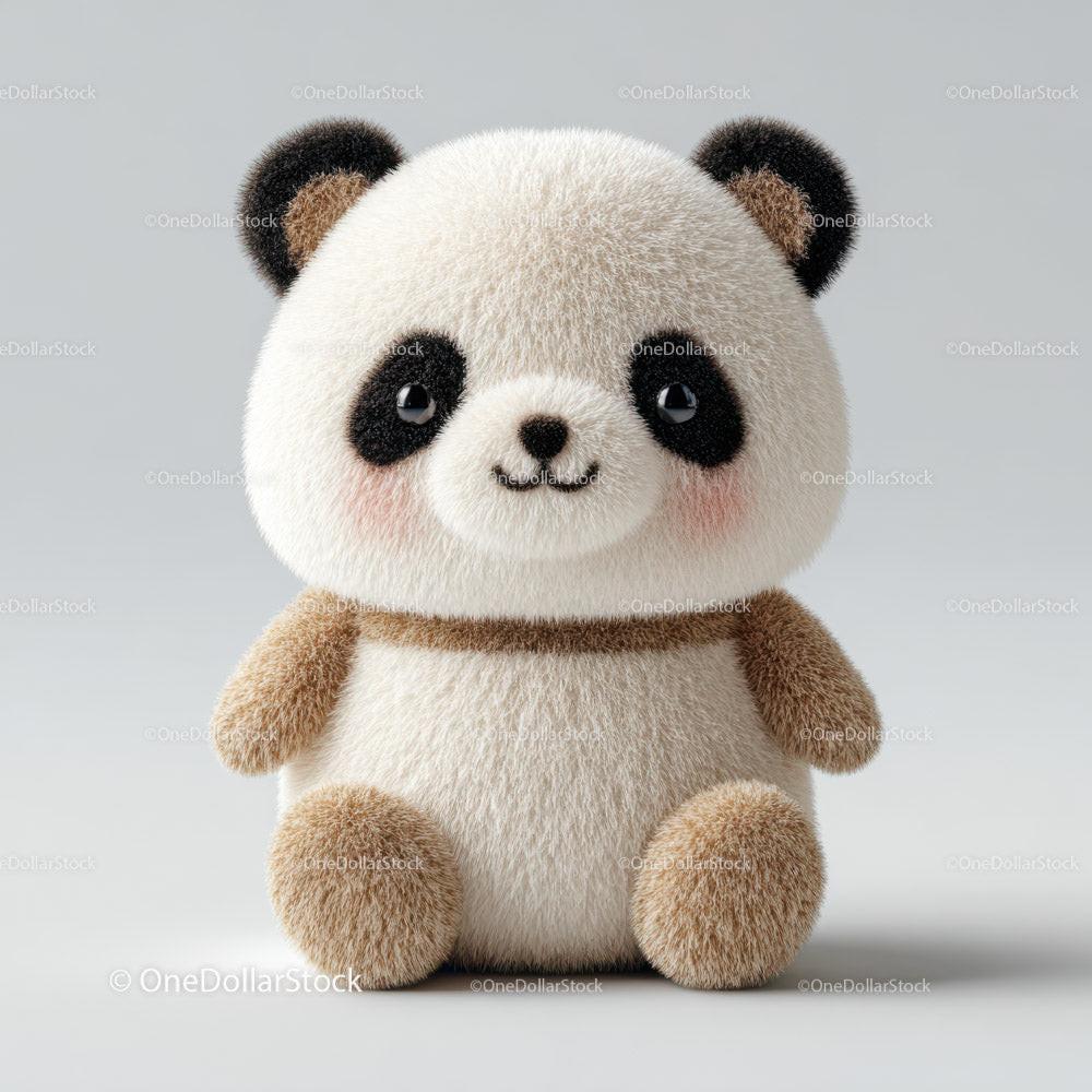 Fluffy plush panda bear with white face and brown limbs on grey background
