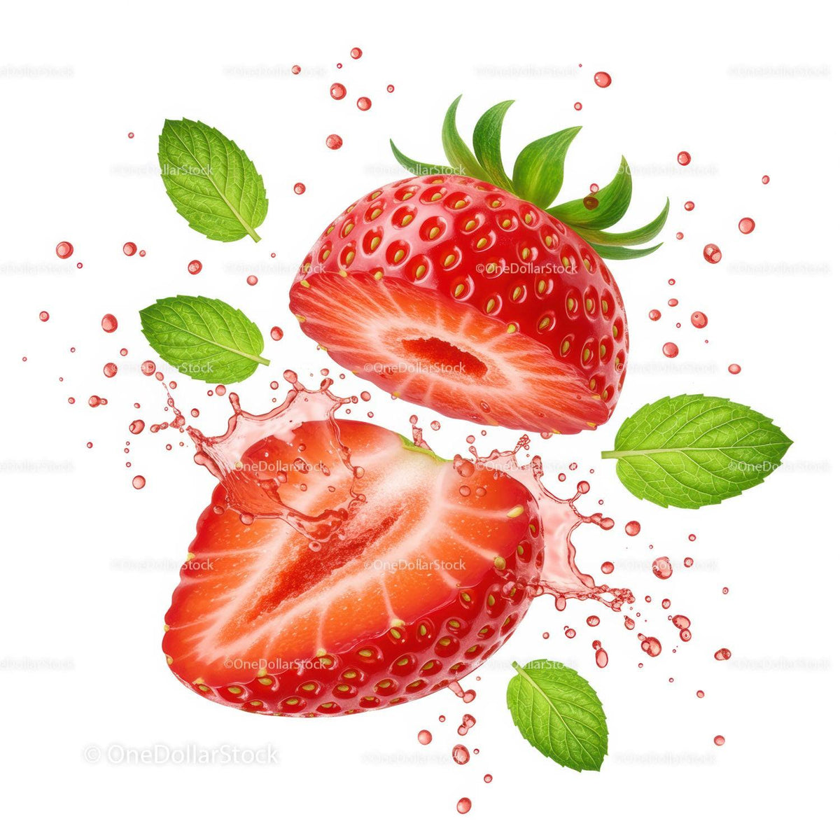 Fresh sliced strawberry with splashing juice and mint leaves