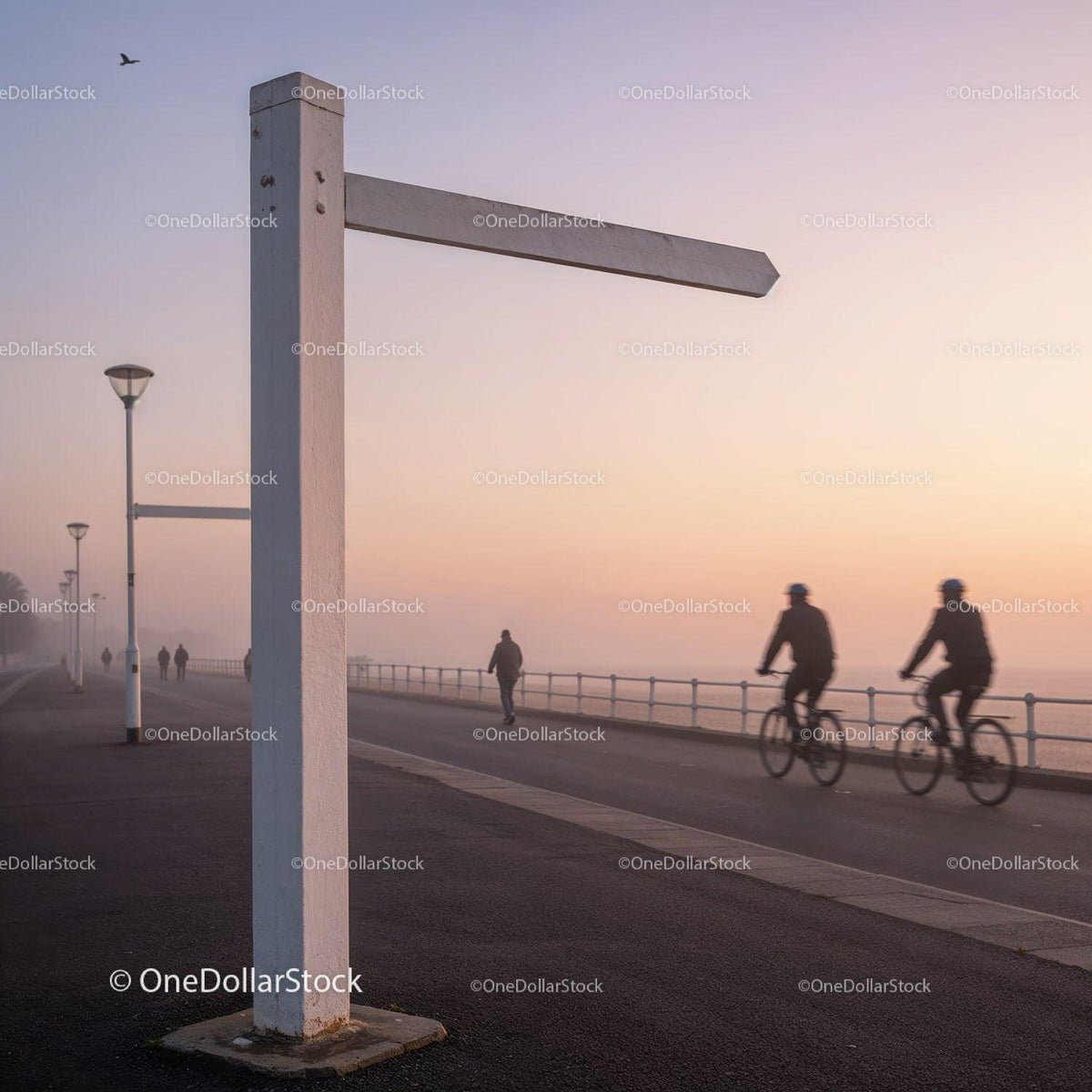 Cyclists and pedestrians on foggy seafront promenade JPG Mockup Image preview