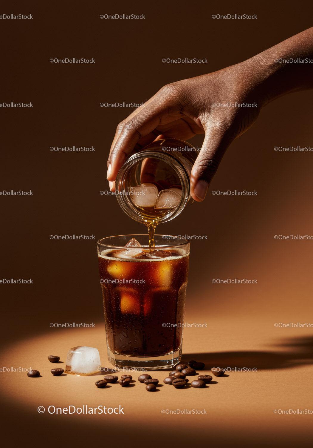 Hand Pouring Iced Coffee into Glass with Coffee Beans