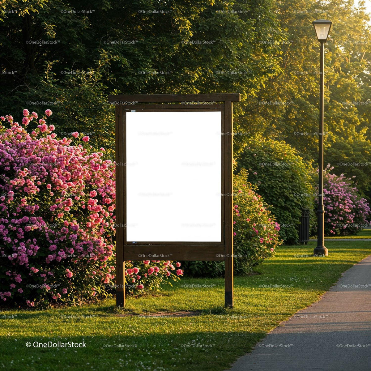Wooden Signboard Surrounded by Blooming Pink Roses in Park JPG Mockup Image preview