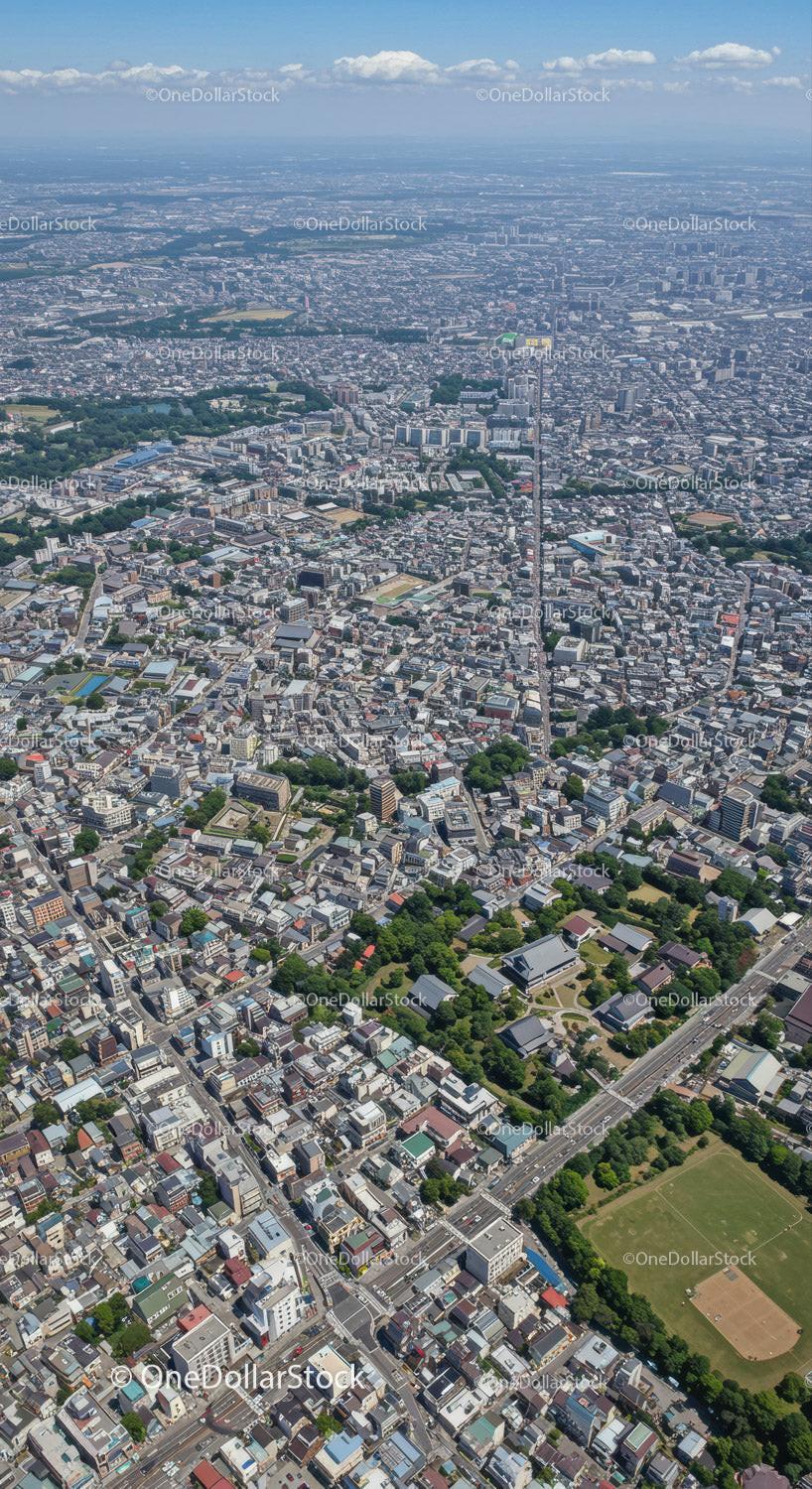 Aerial View of a Busy Urban Cityscape with Skyscrapers and Green Parks