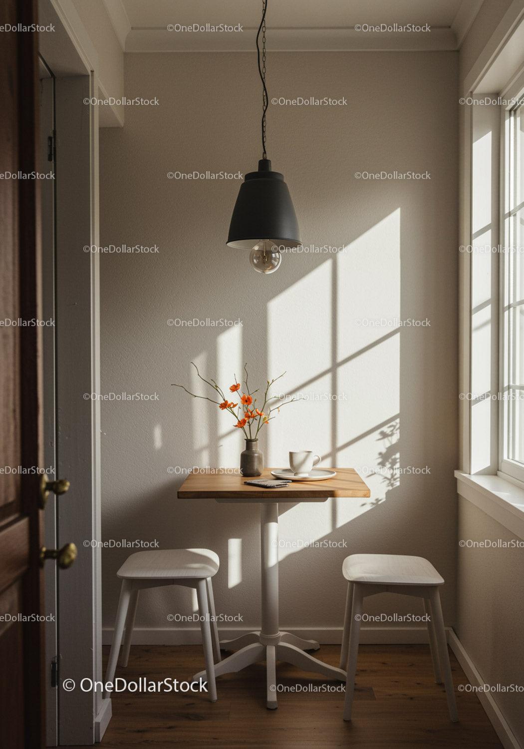 Cozy corner with small wooden table and sunlight