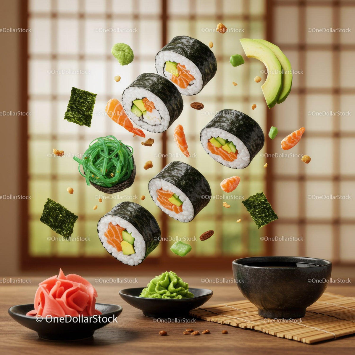 Floating sushi rolls with fresh ingredients and condiments