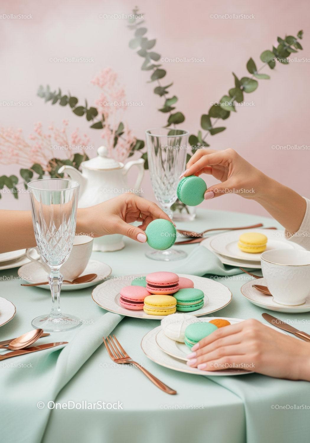 Elegant pastel macarons on a luxurious dining table with fine china