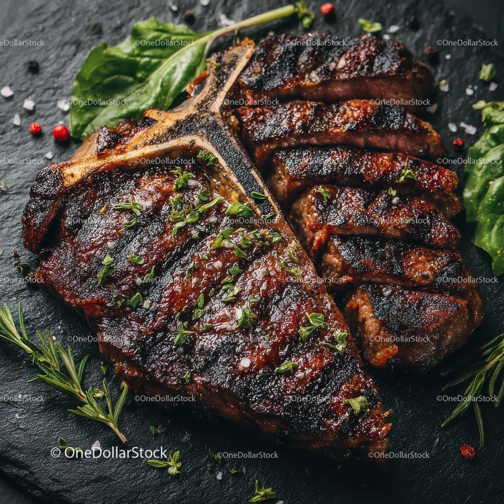 Grilled Beef Ribs with Fresh Green Herbs on Plate Stock Photo Bundle preview 8