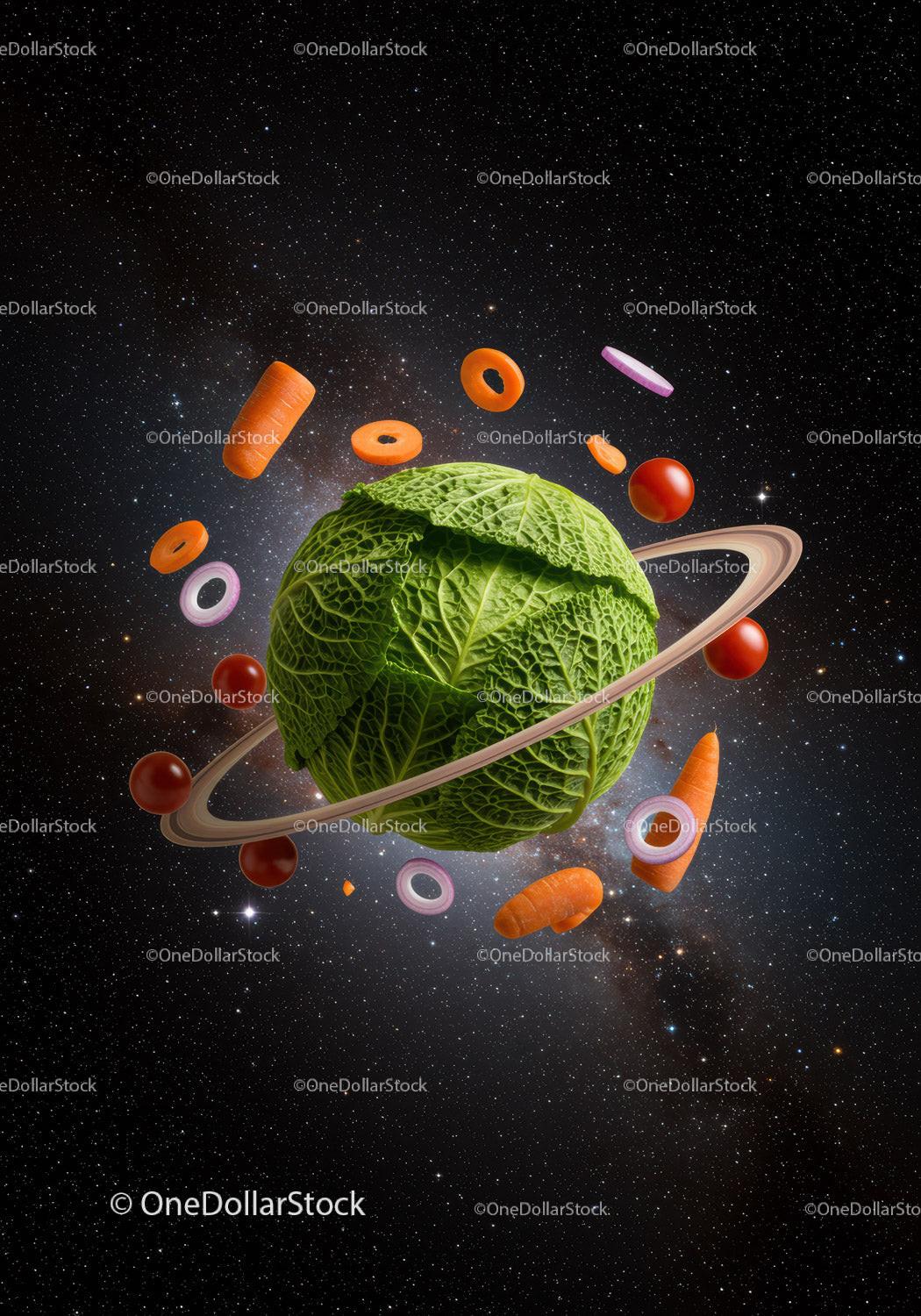 Creative Planet Made of Cabbage with Floating Vegetables