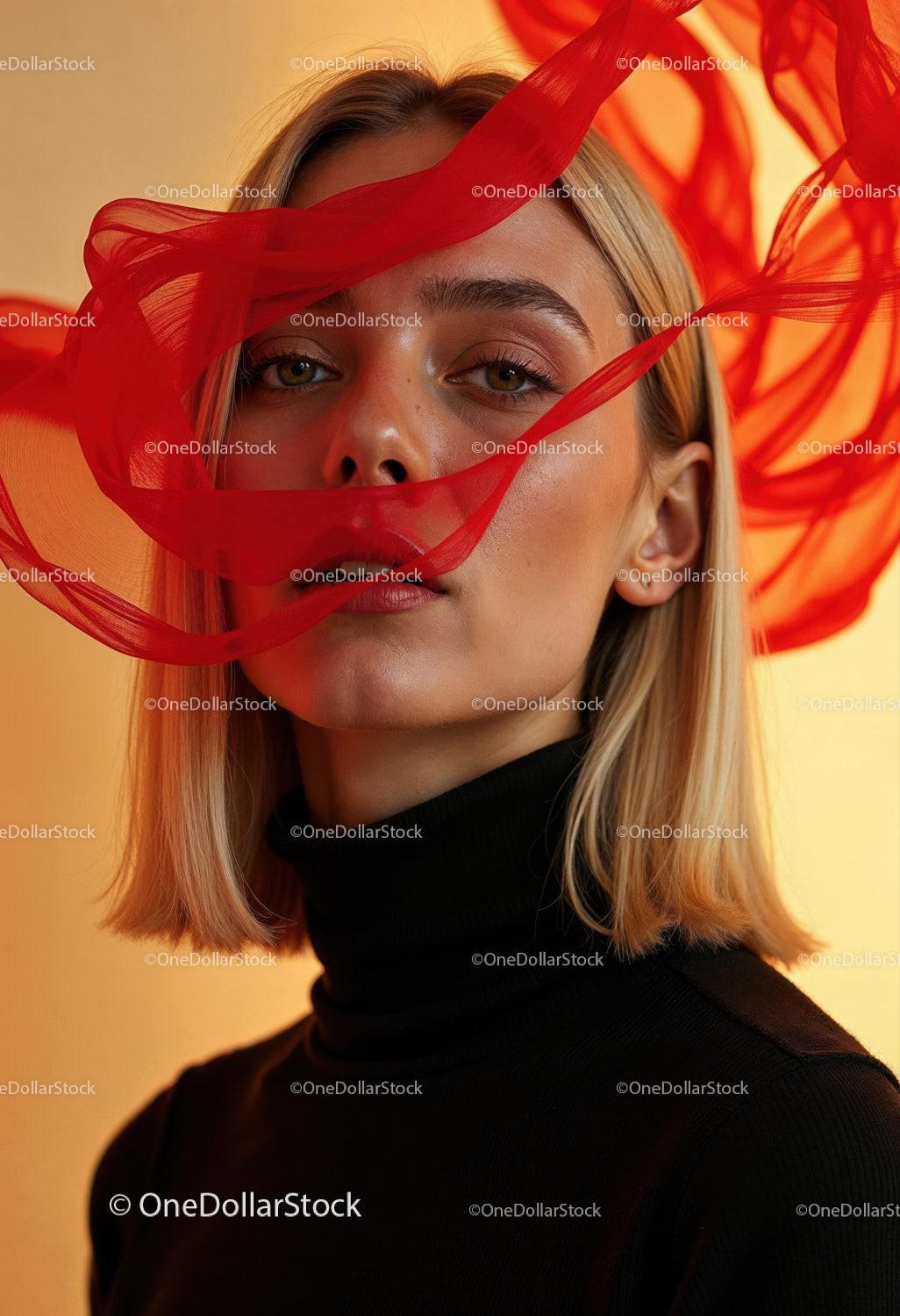 Creative Artistic Makeup Portrait with Red Face Paint and Blonde Hair Stock Photo Bundle preview 5