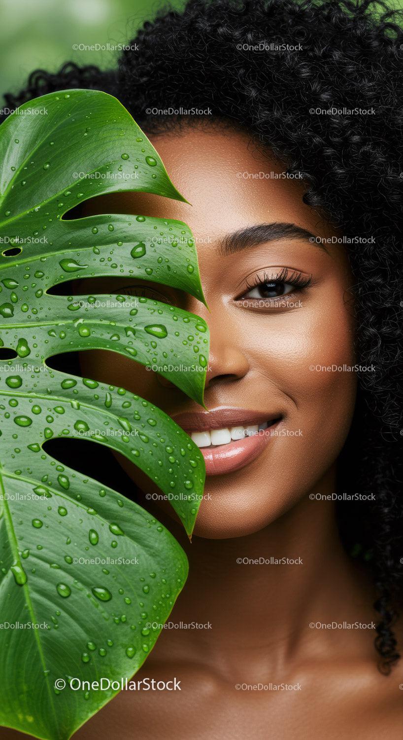 Portrait of Smiling Woman with Tropical Leaf and Water Droplets