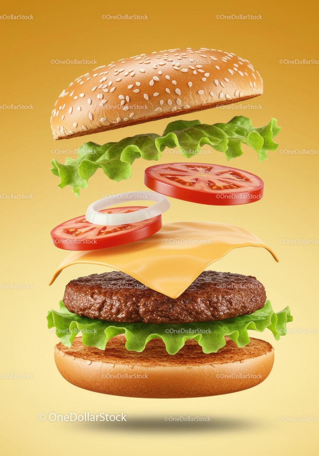 Classic cheeseburger ingredients levitating on yellow background