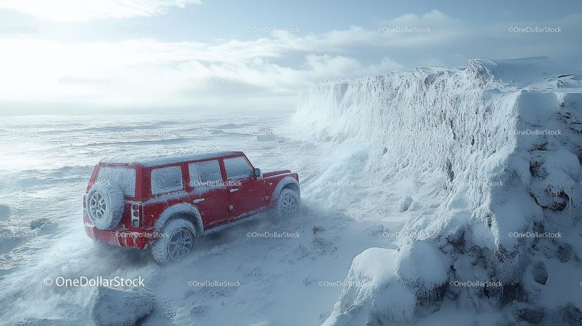 Red off-road vehicle on snow-covered rocky ground near steep snowy cliff