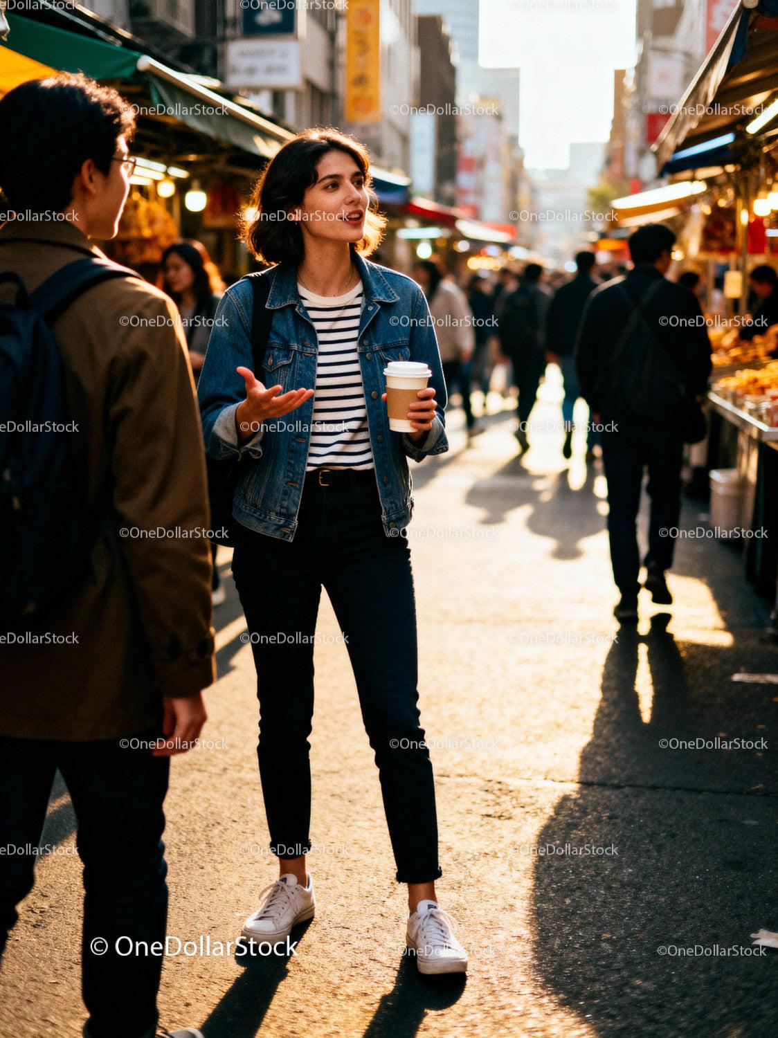 Young woman chatting with friend at lively street market