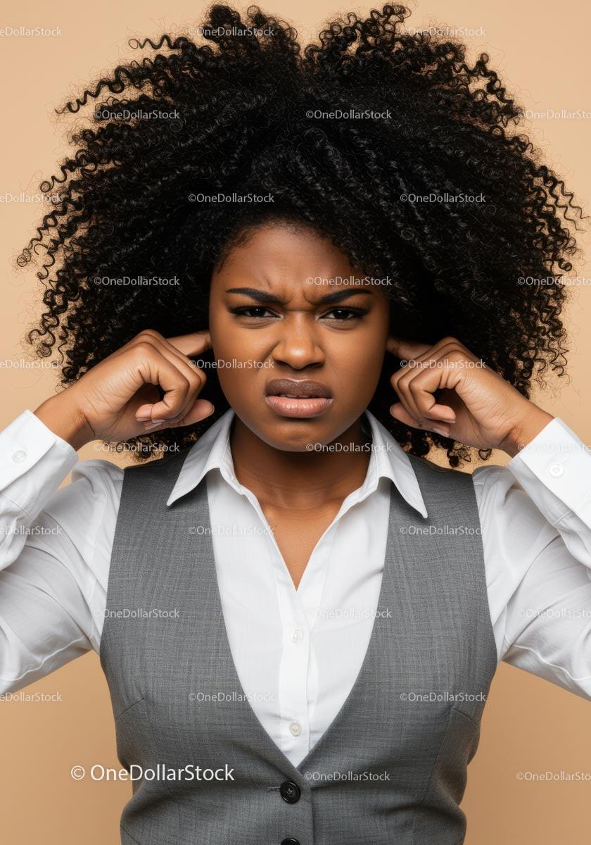 Frustrated Woman Covers Ears Against Noise in Business Attire Stock Photo Bundle preview 18