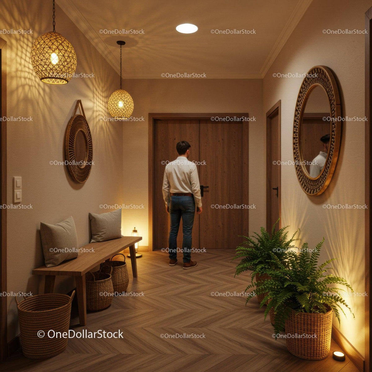 Man Standing by Wooden Door in Warm Cozy Hallway