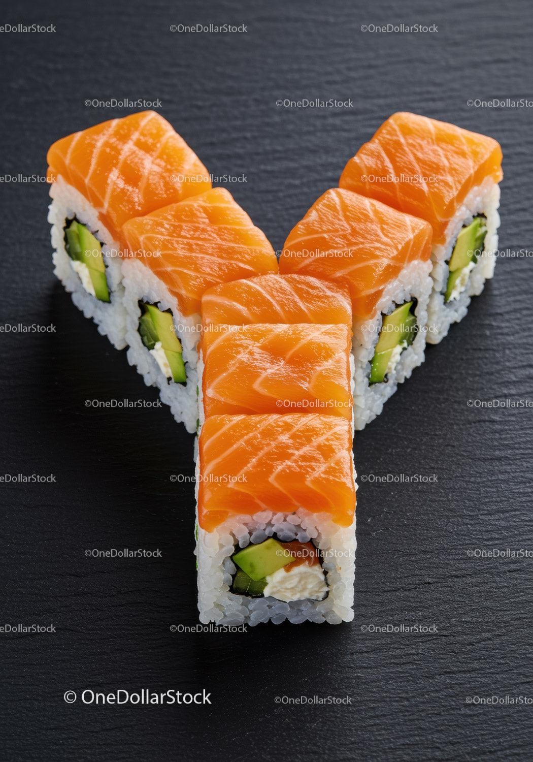 Fresh salmon sushi rolls with avocado on black slate