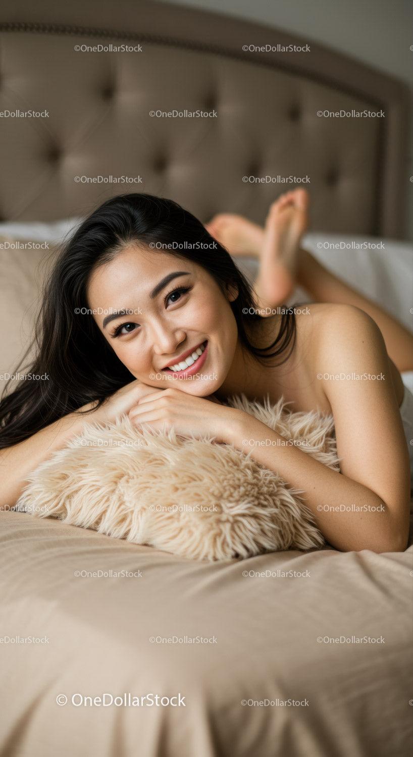 Smiling young woman relaxing on bed with fluffy pillow