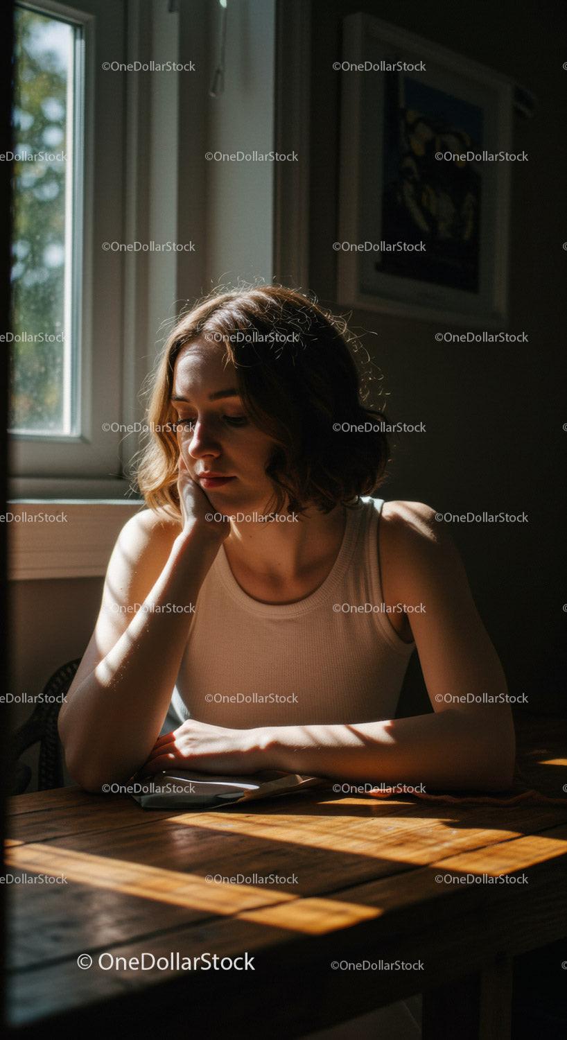 Thoughtful young woman sitting by sunlit window