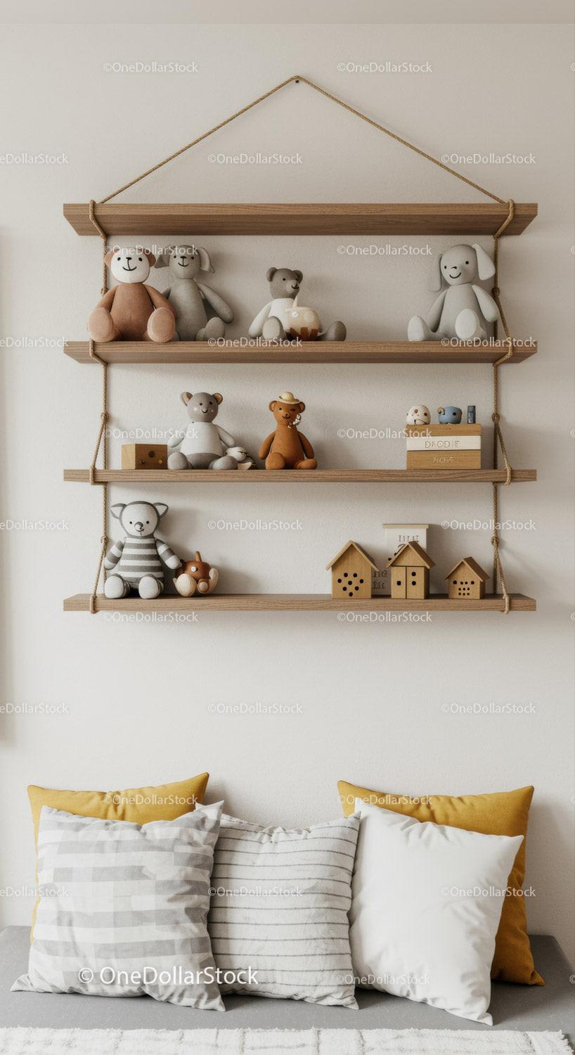 Cozy Kids Room Decor with Plush Toys and Wooden Shelves