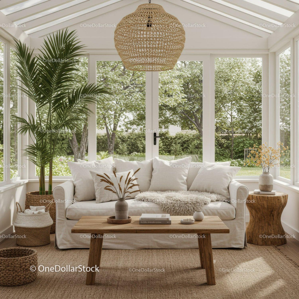 Cozy sunroom with white sofa and natural decor