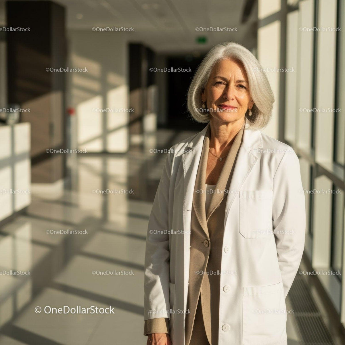 Senior Woman in White Coat Standing in Bright Modern Hospital Corridor