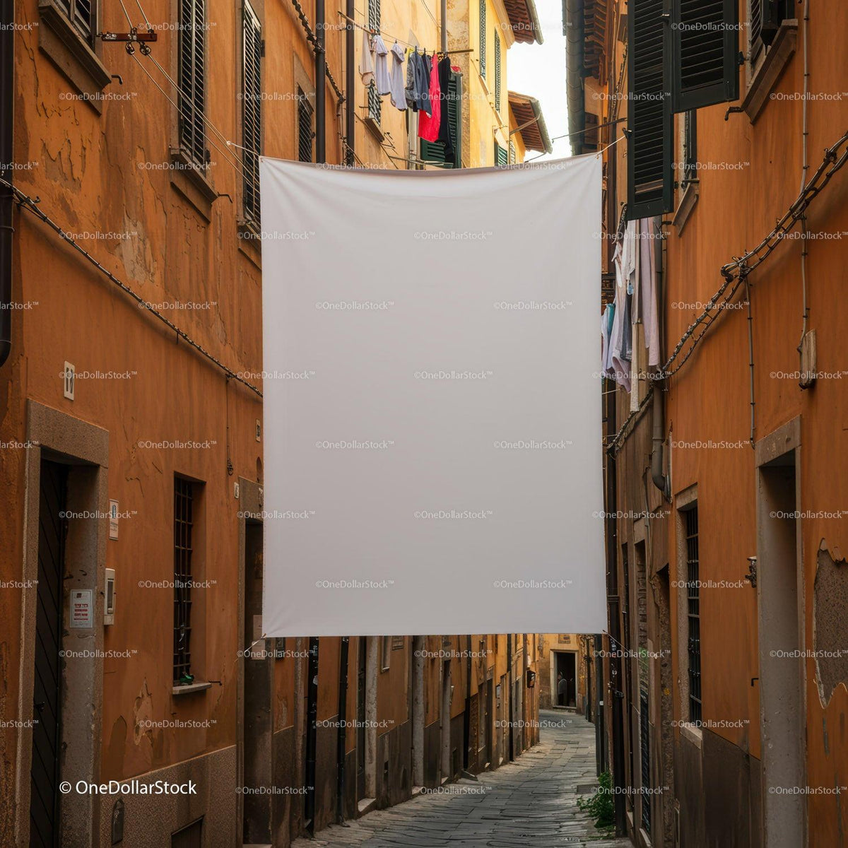 Narrow Historic Street with Hanging Laundry and Blank Banner JPG Mockup Image preview