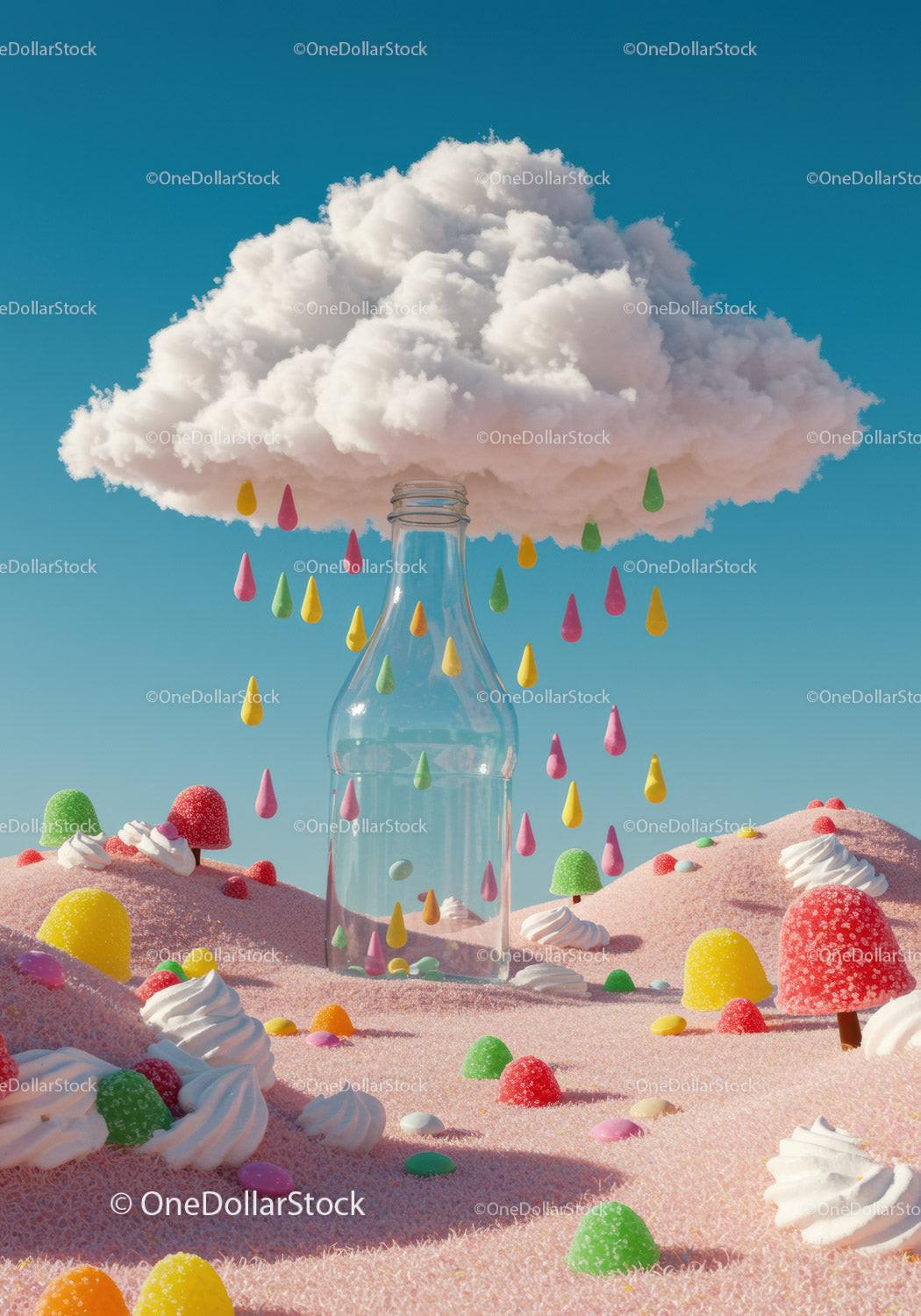 Whimsical Candy Landscape with Cloud and Glass Bottle