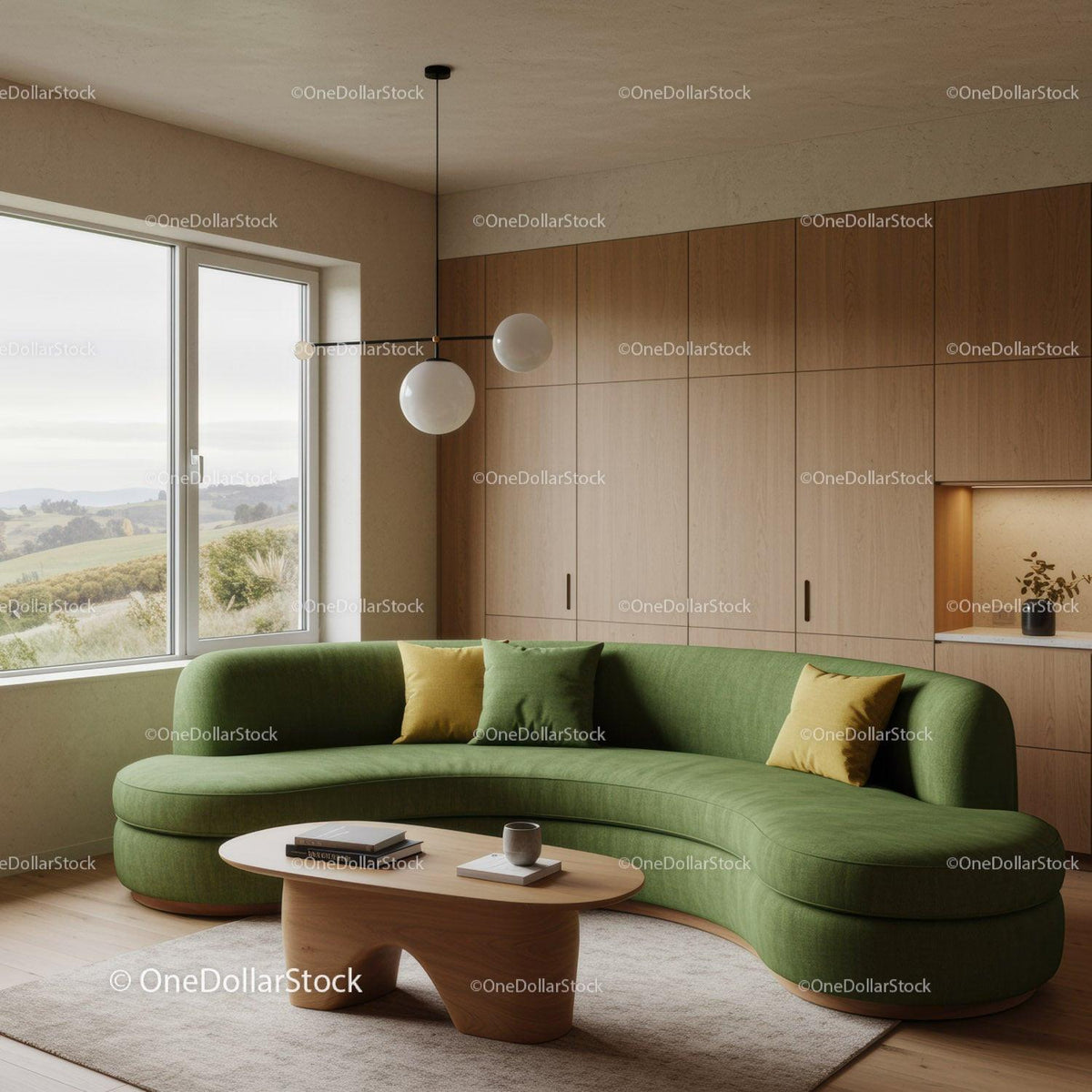 Modern living room with stylish green curved sofa