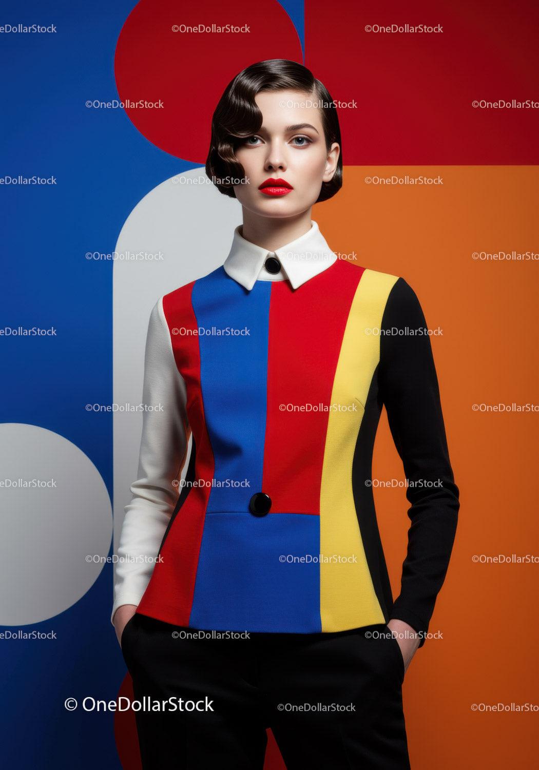 Stylish woman in colorful geometric fashion outfit