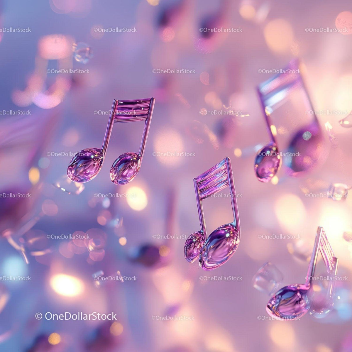 3D transparent glass music notes floating in pink and purple glowing background