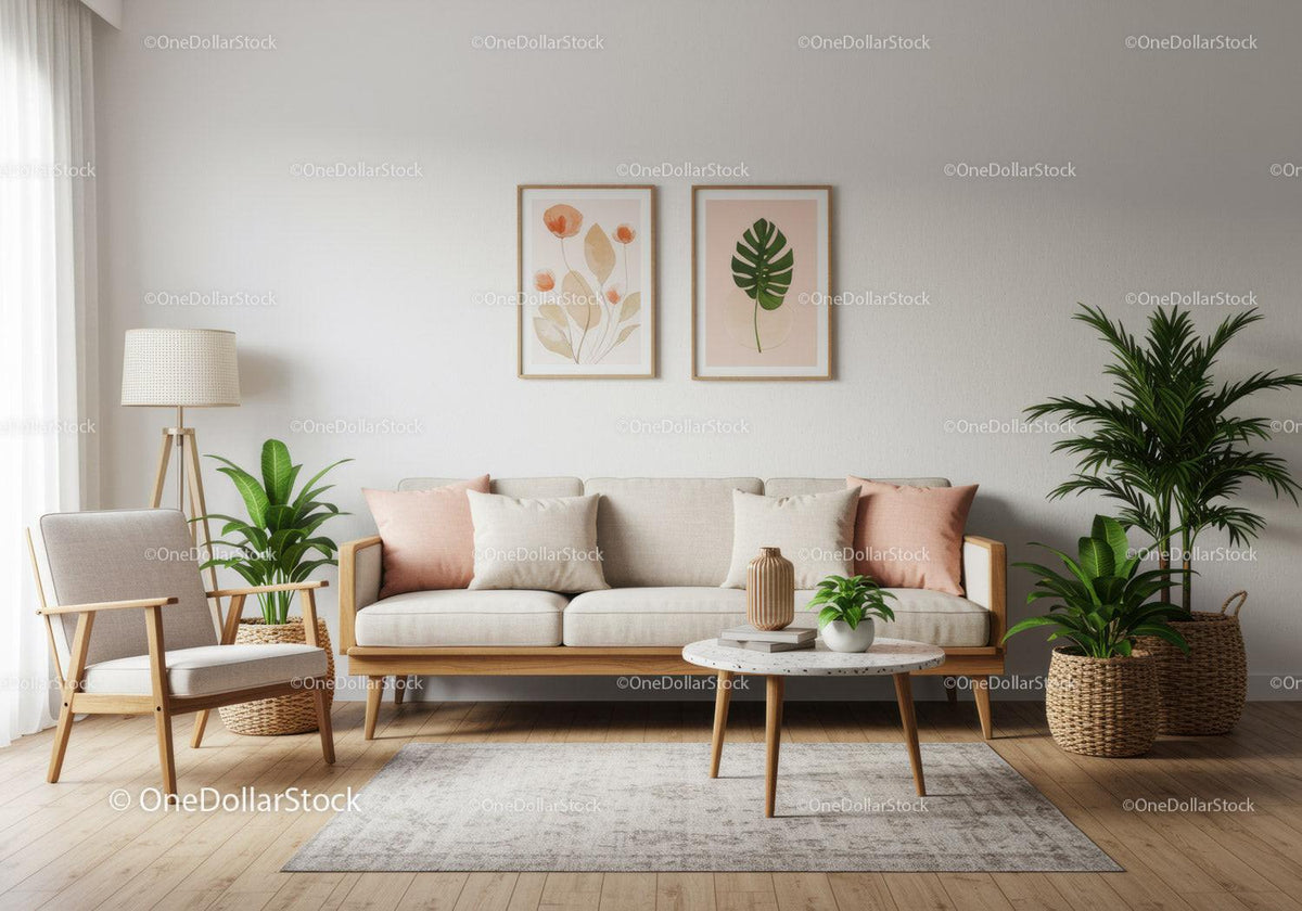 Cozy modern living room with natural decor elements