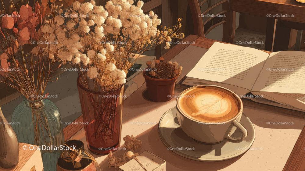 Cozy Coffee Shop Scene with Dried Flowers and Latte Art