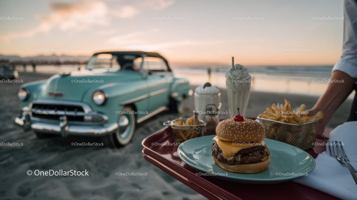 Beachside Cheeseburger French Fries and Milkshake with Classic Car Stock Photo Bundle preview 10