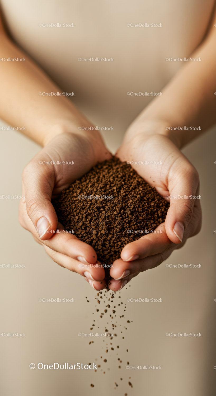 Close up of hands holding pouring coffee granules